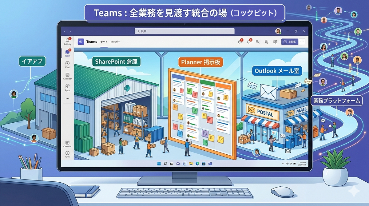PCのTeamsアプリ画面のイラスト。Teamsのウィンドウ(コックピット)から、SharePoint(倉庫)、Planner(掲示板)、Outlook(メール室)などを見渡しているイメージ図