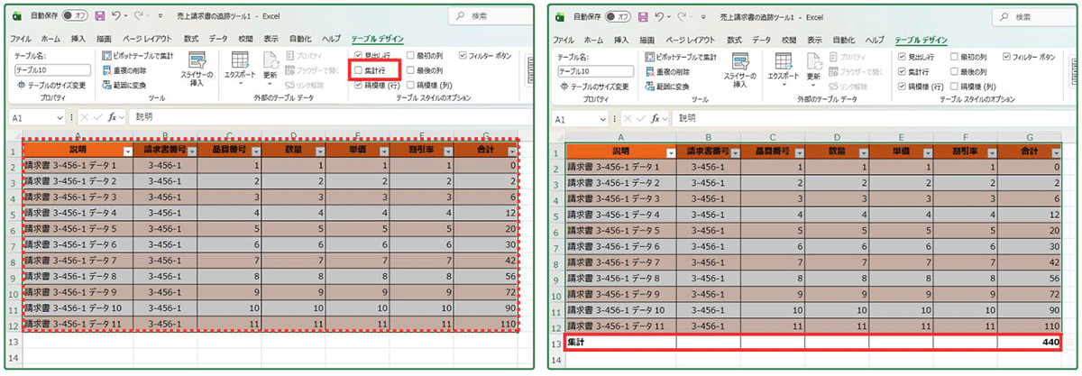 Excelテーブルの集計行機能。プルダウンから合計や平均を簡単に算出できる操作画面。