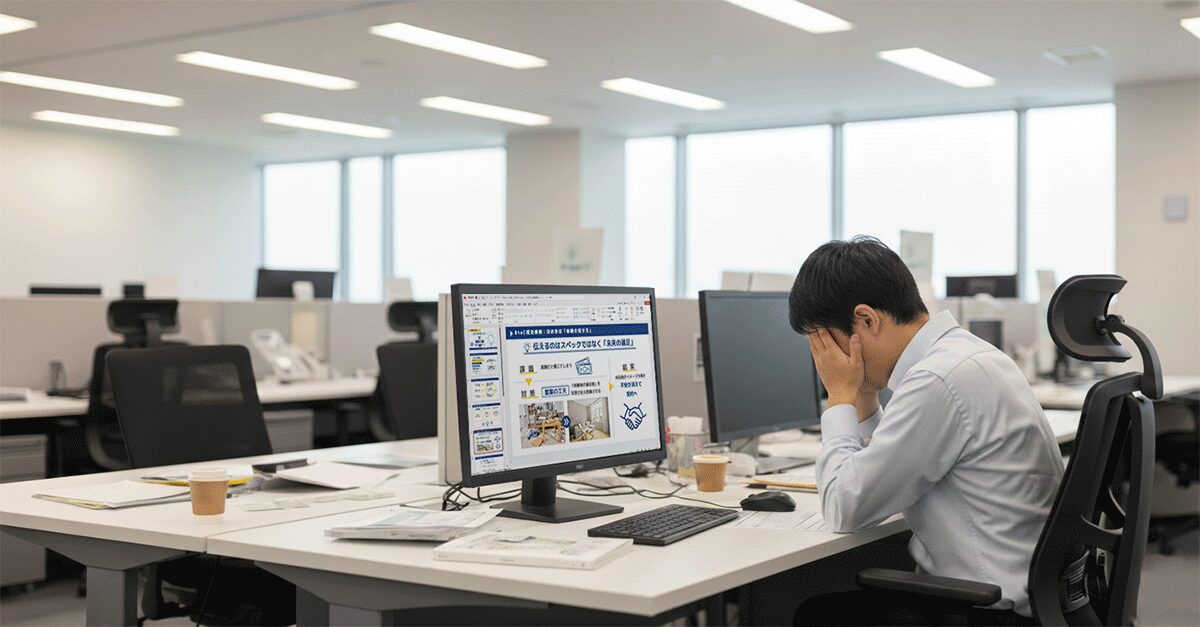 大量のPowerPointスライド修正作業に追われ、頭を抱えるビジネスパーソン