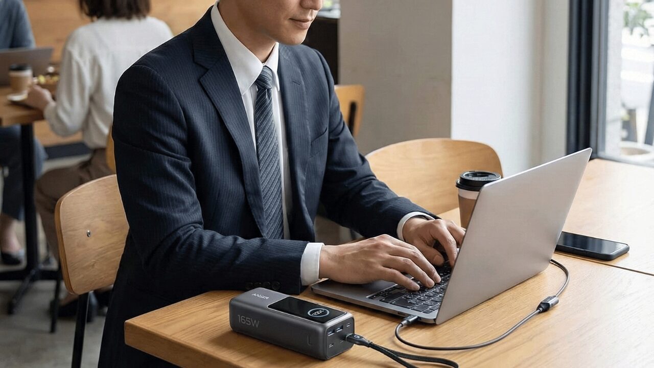カフェで仕事をする日本人ビジネスマンがモバイルバッテリーでノートパソコンを充電している様子