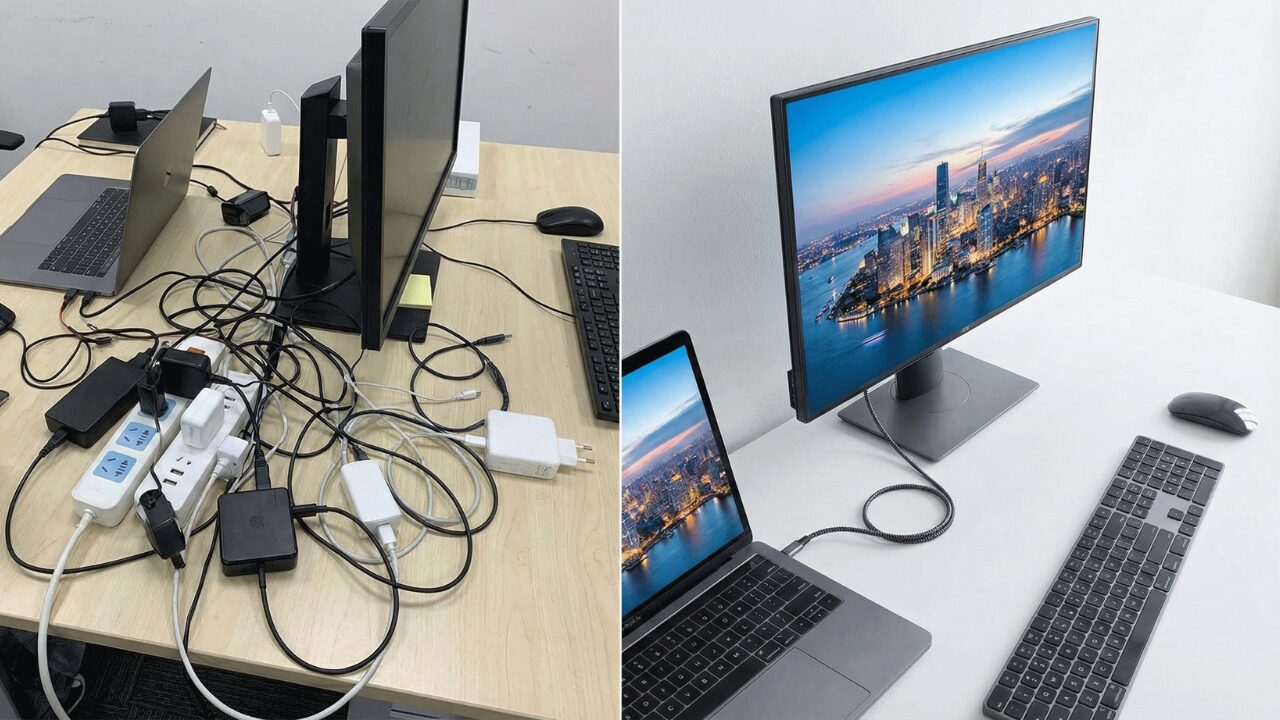 USB-Type-Cケーブル1本で配線が整理されたオフィスのデスク環境と、ACアダプタで散らかったデスクの比較