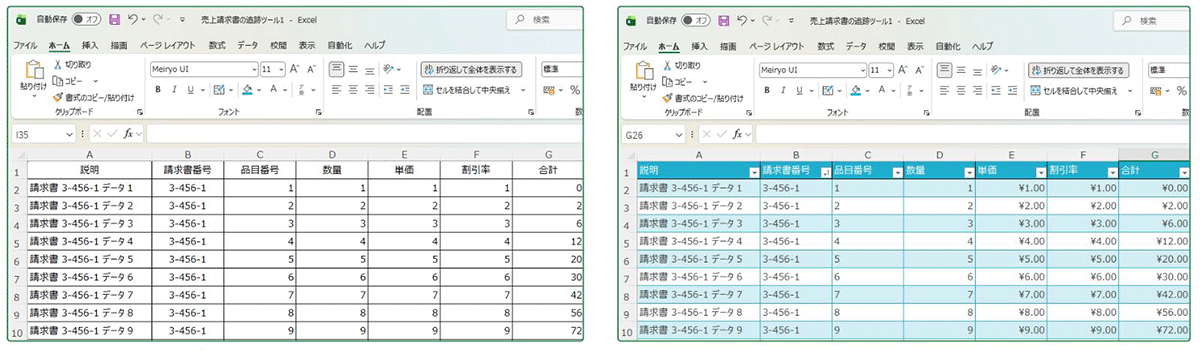 Excelの通常のセル範囲とテーブル機能適用後の見た目の比較。テーブル化により視認性が向上している様子。