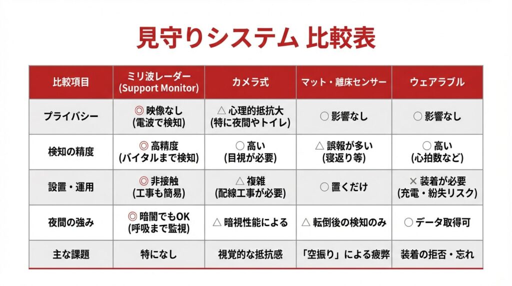 介護現場の見守りシステム比較表
