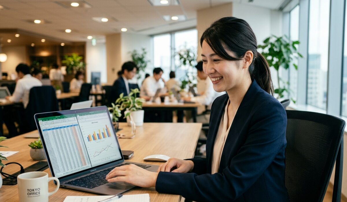 複雑な表のデータをグラフ化して分かりやすい資料を作成するビジネスパーソン