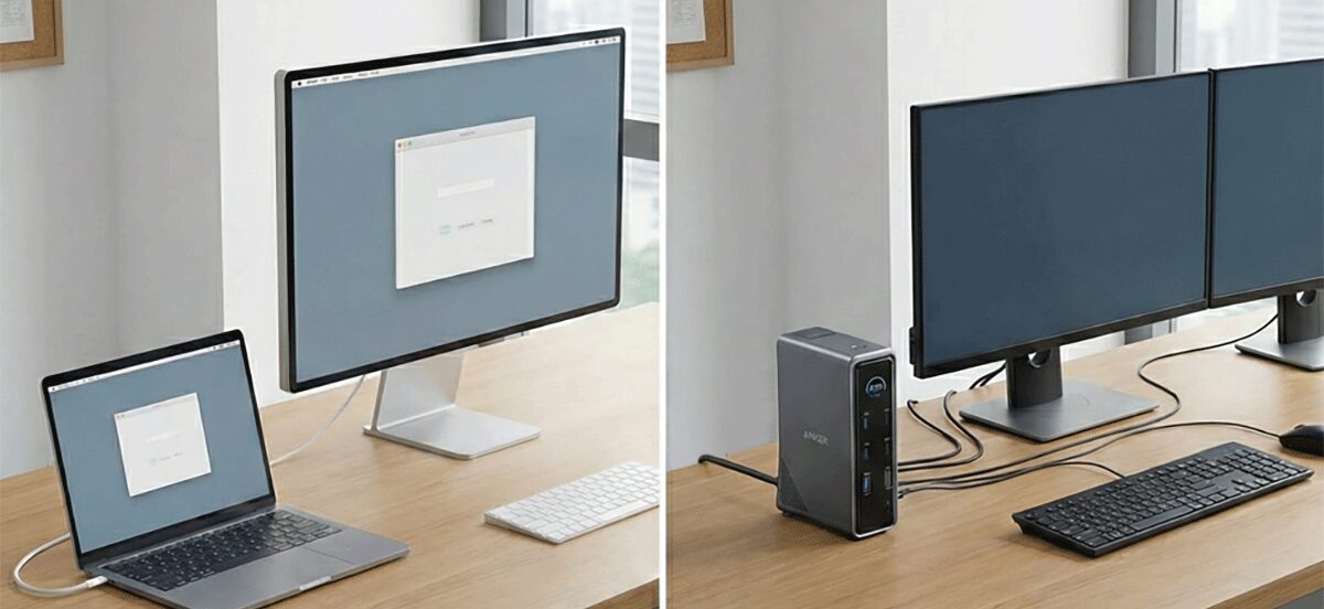 USB-Cケーブル1本で接続された「PD対応モニター」の環境と、「ドッキングステーション」を使用した環境の比較イメージ
