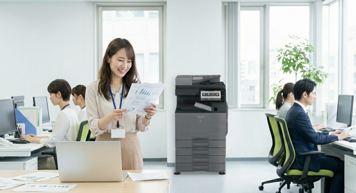 正しく設定して快適なオフィスの出力環境を満喫している事務員の様子