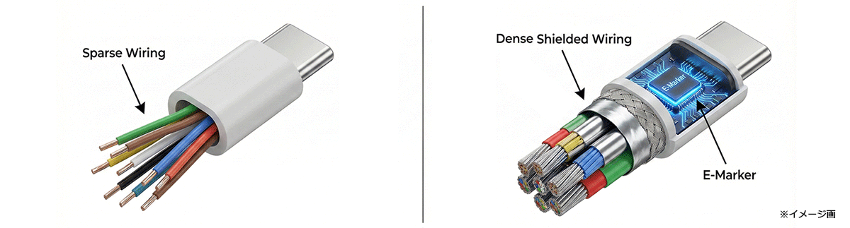 USBケーブルの内部構造の違い。E-Markerチップの有無や、配線の密度の違いを示す図解イメージ