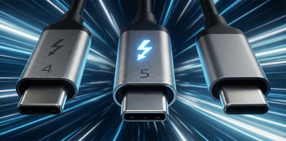 Thunderbolt-5とThunderbolt-4、および一般的なUSB-Type-Cケーブルのコネクタ比較イメージ