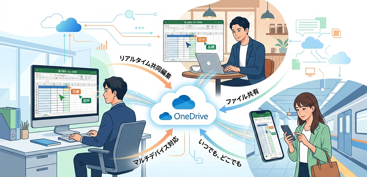 場所やデバイスを問わず、一つのファイルをチーム全員でリアルタイム共同編集するイメージ